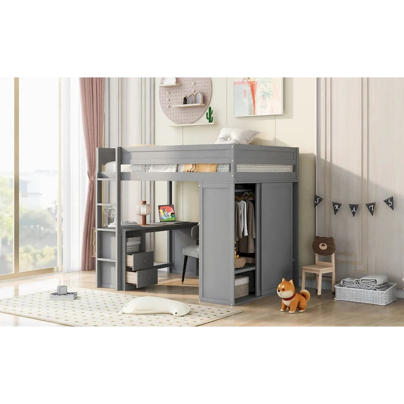 Lit mezzanine en pin complet avec armoires et bureau