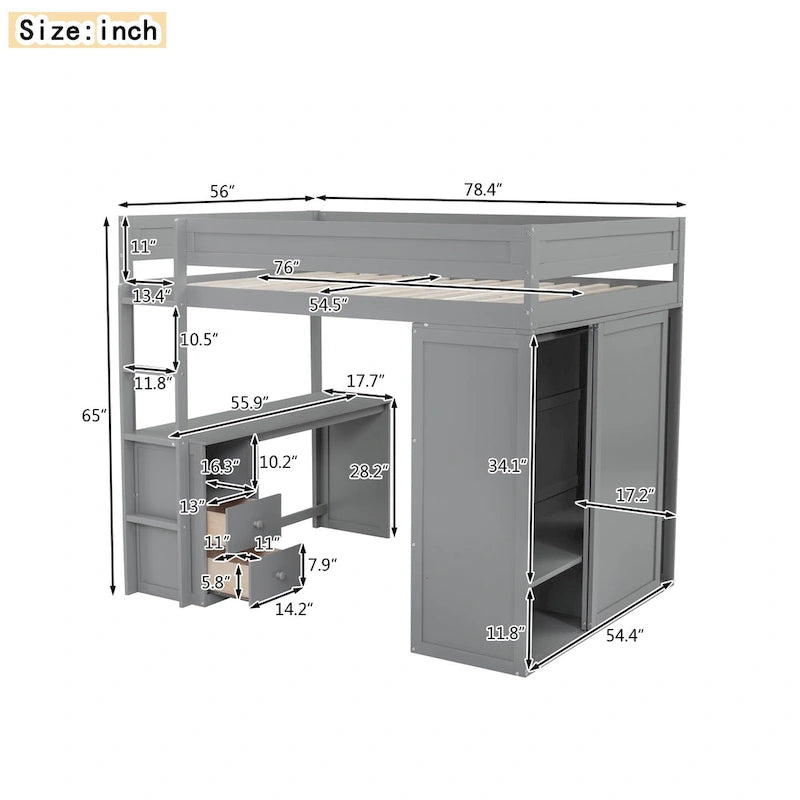 Lit mezzanine en pin complet avec armoires et bureau