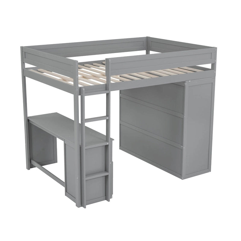 Lit mezzanine en pin complet avec armoires et bureau