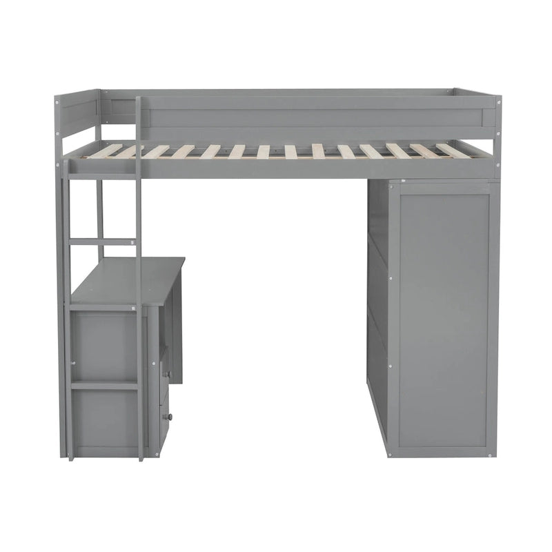Lit mezzanine en pin complet avec armoires et bureau