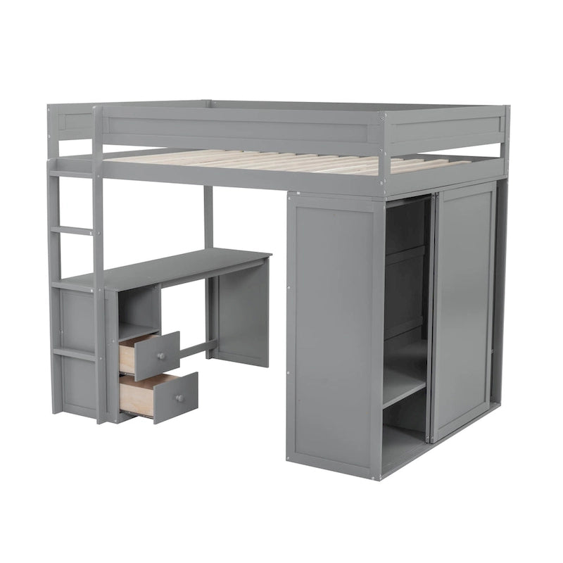 Lit mezzanine en pin complet avec armoires et bureau