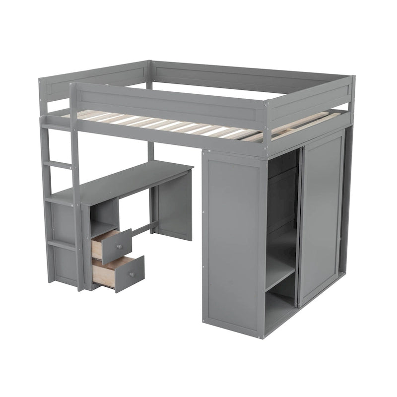 Lit mezzanine en pin complet avec armoires et bureau