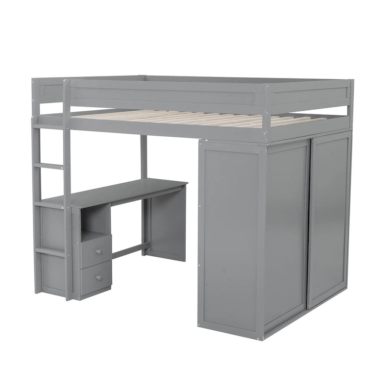 Lit mezzanine en pin complet avec armoires et bureau