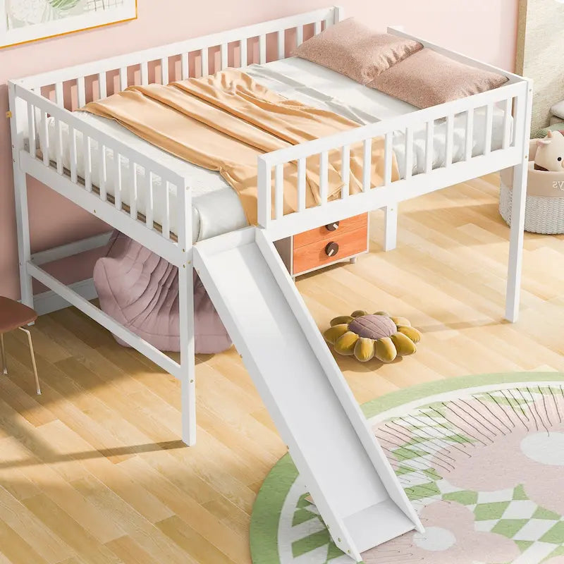 Lit mezzanine bas en pin avec toboggan