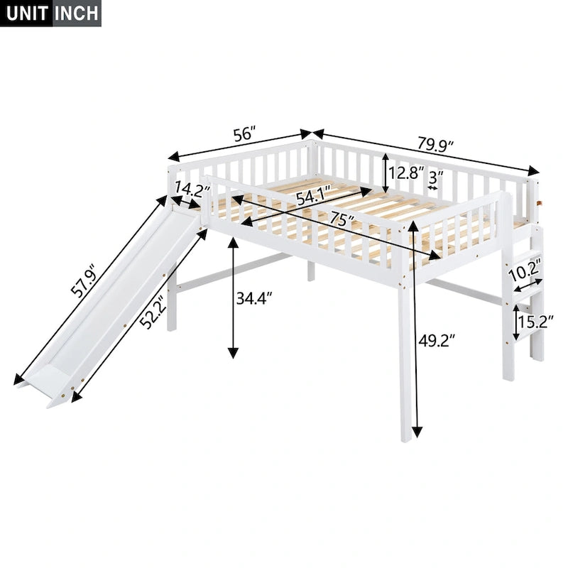 Lit mezzanine bas en pin avec toboggan