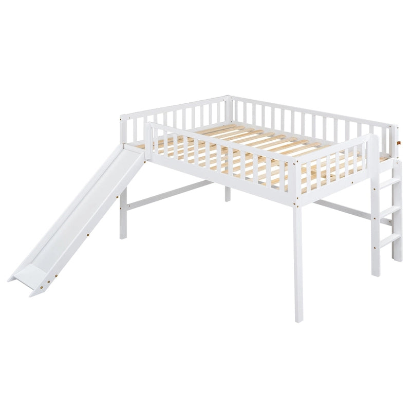 Lit mezzanine bas en pin avec toboggan
