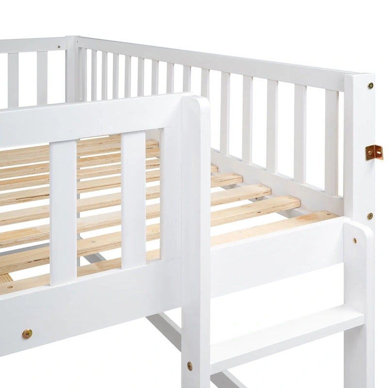 Lit mezzanine bas en pin avec toboggan
