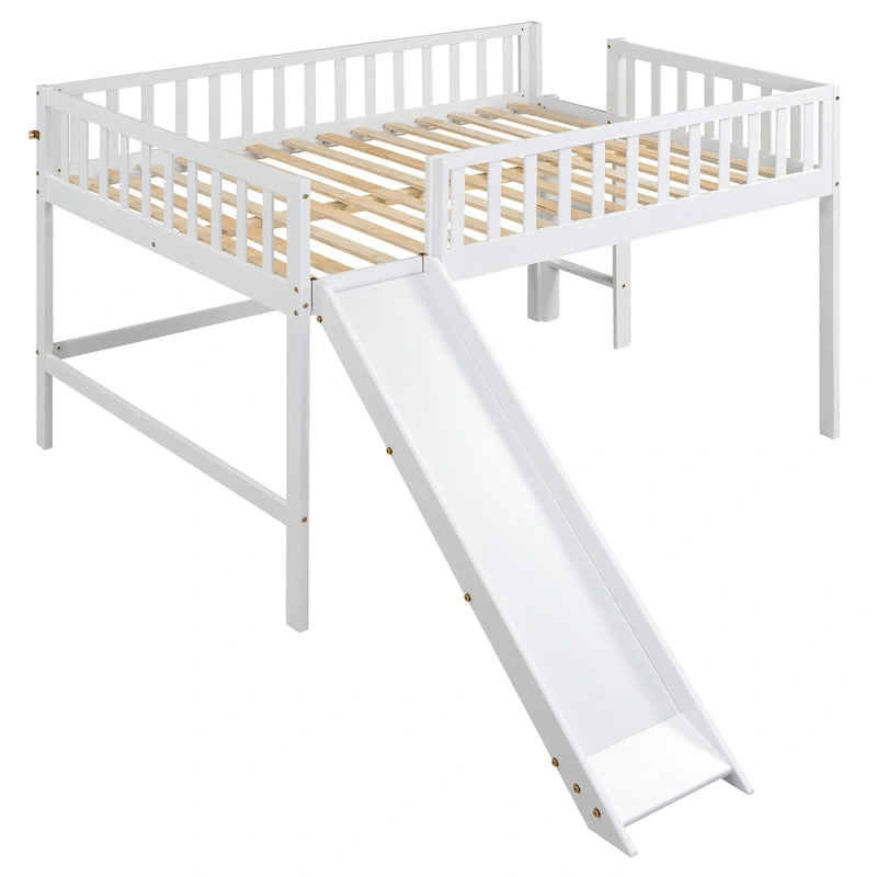 Lit mezzanine bas en pin avec toboggan