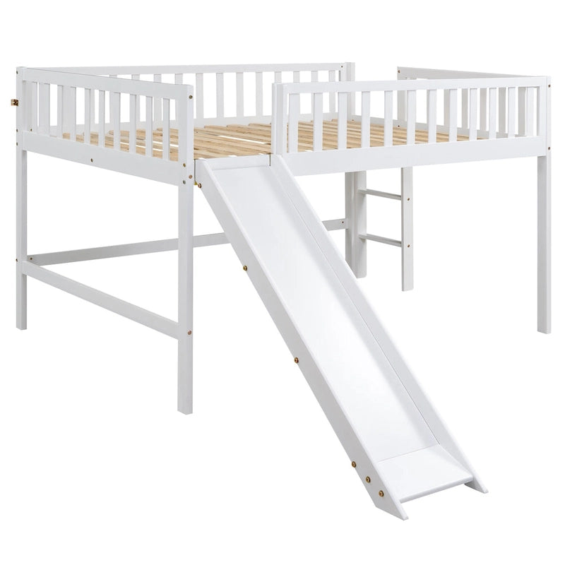 Lit mezzanine bas en pin avec toboggan