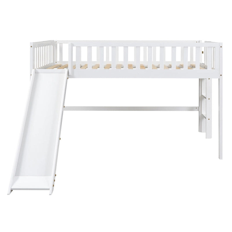 Lit mezzanine bas en pin avec toboggan