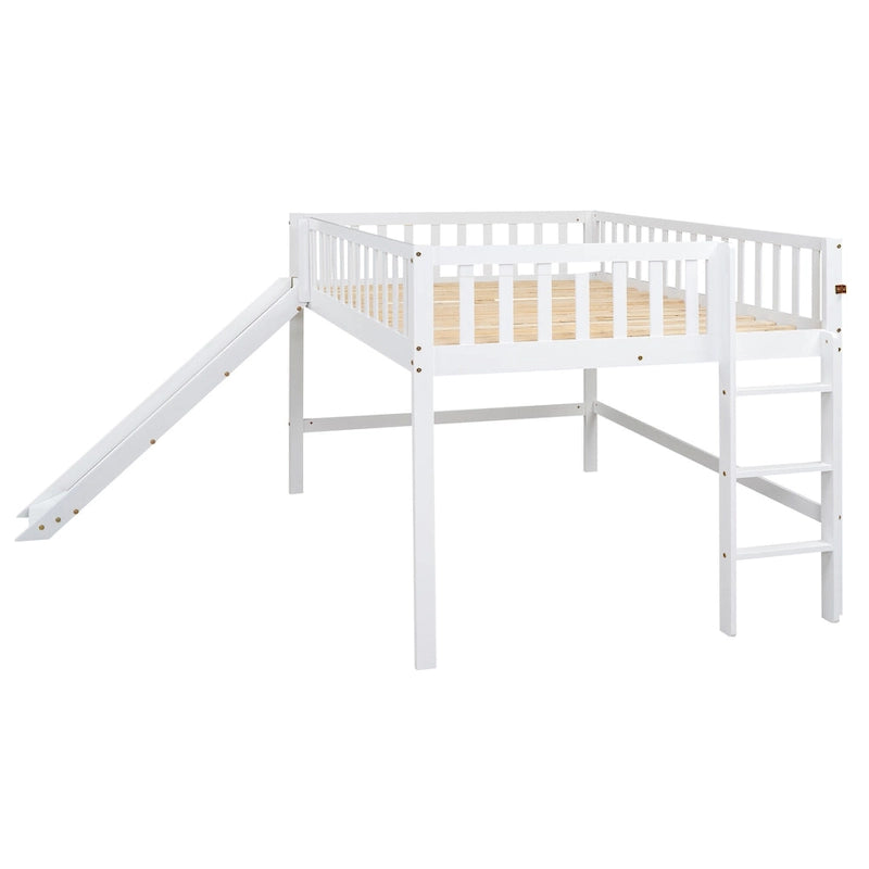 Lit mezzanine bas en pin avec toboggan
