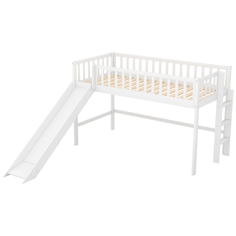 Lit mezzanine bas en pin avec toboggan