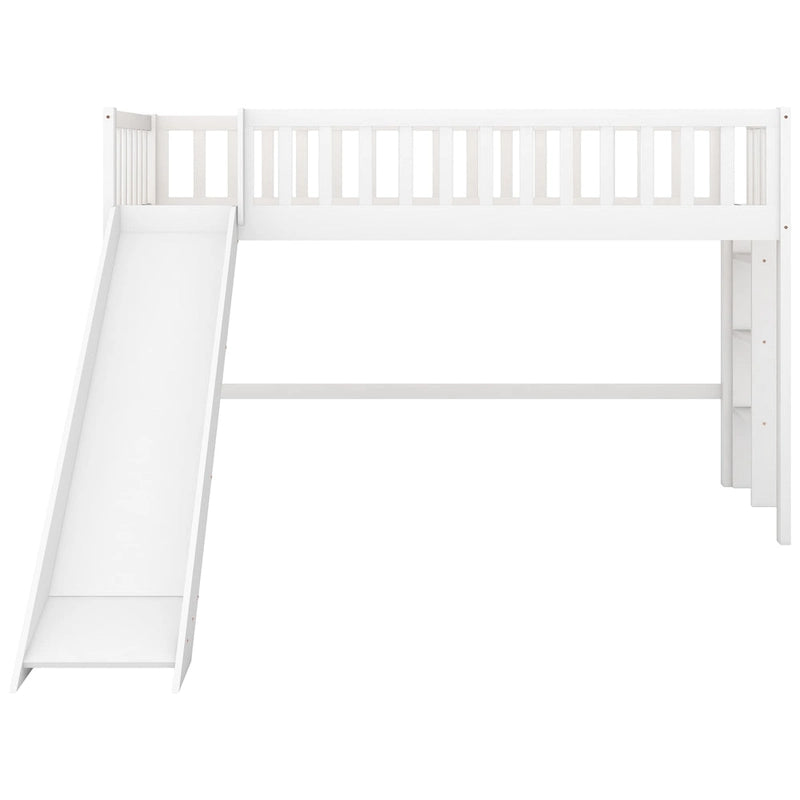 Lit mezzanine bas en pin avec toboggan
