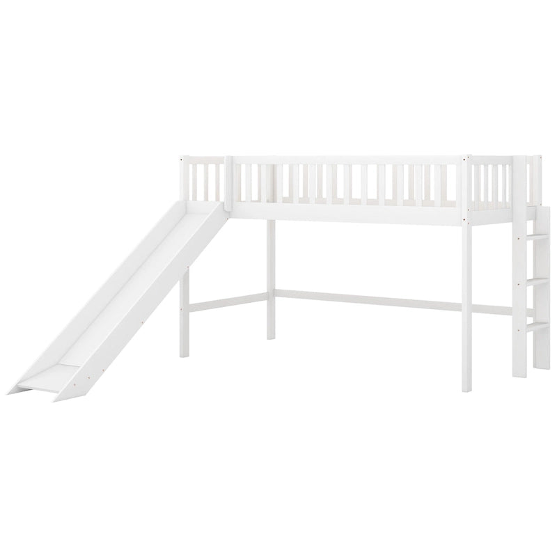 Lit mezzanine bas en pin avec toboggan