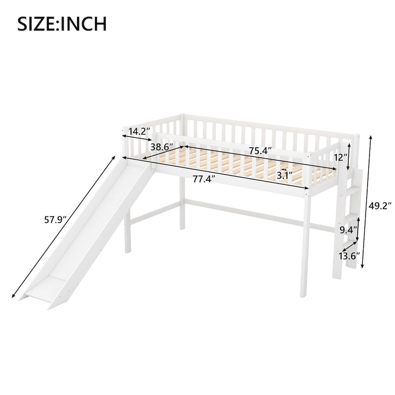 Lit mezzanine bas en pin avec toboggan