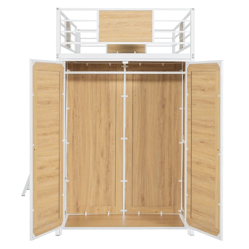 Lit mezzanine blanc en métal et bois avec bureau en L et échelle, taille double