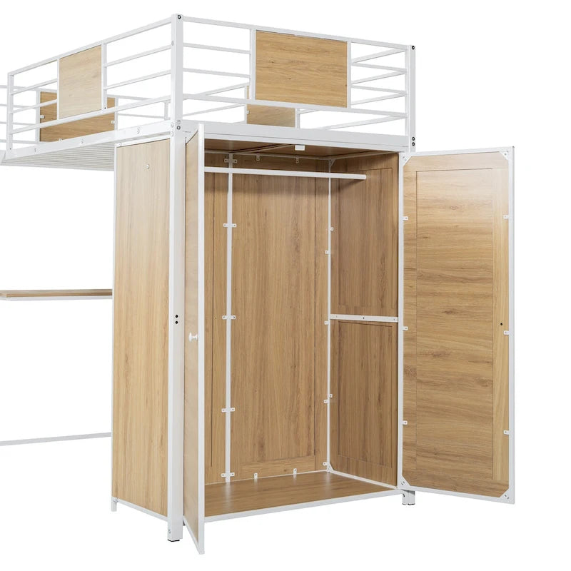 Lit mezzanine blanc en métal et bois avec bureau en L et échelle, taille double