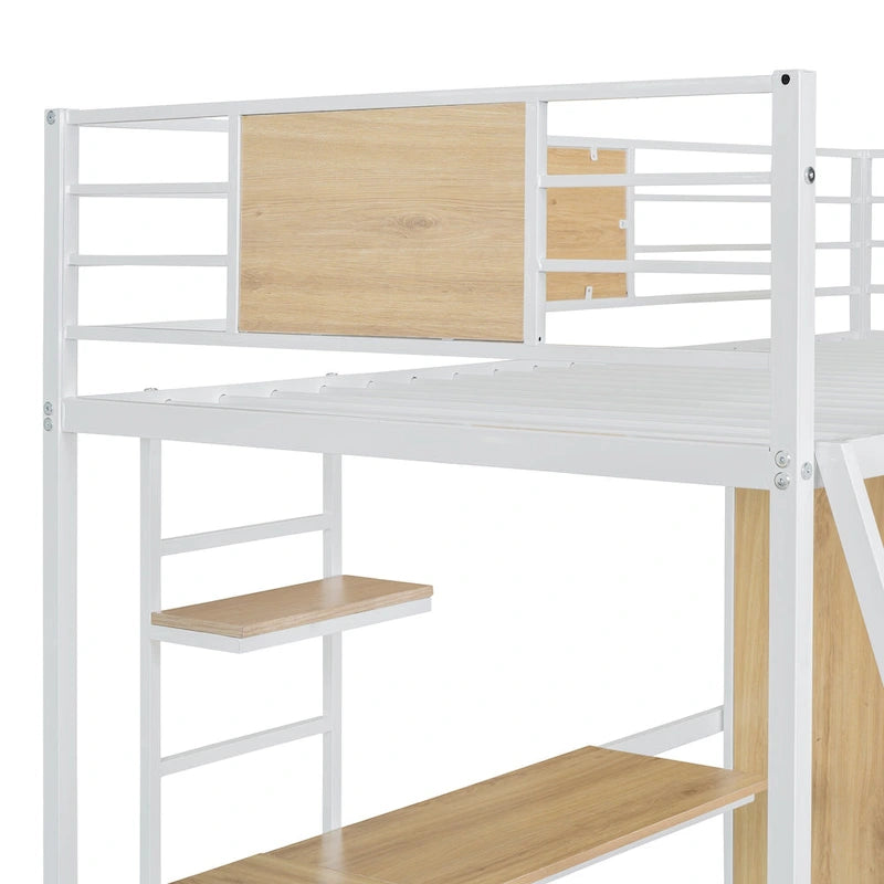 Lit mezzanine blanc en métal et bois avec bureau en L et échelle, taille double