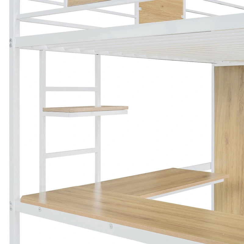 Lit mezzanine blanc en métal et bois avec bureau en L et échelle, taille double