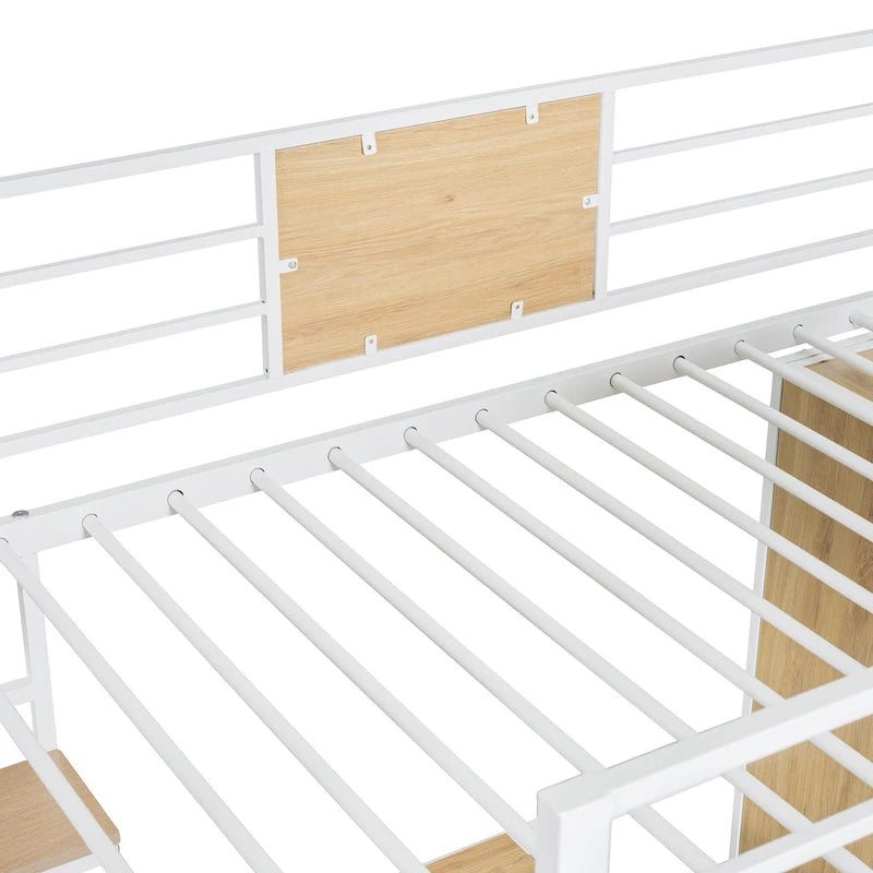 Lit mezzanine blanc en métal et bois avec bureau en L et échelle, taille double