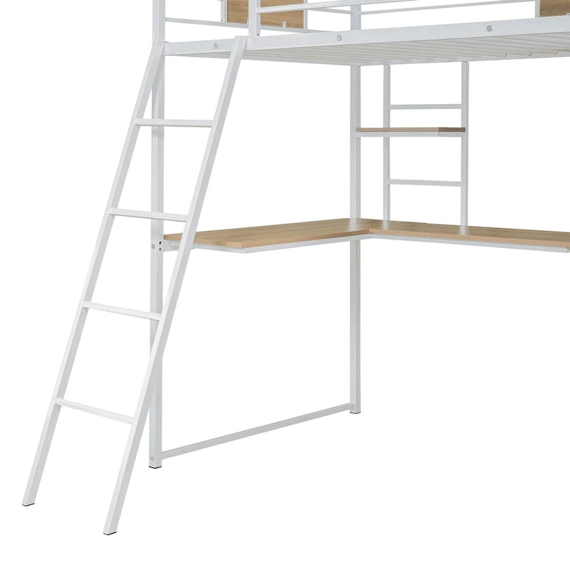 Lit mezzanine blanc en métal et bois avec bureau en L et échelle, taille double