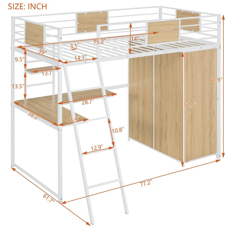 Lit mezzanine blanc en métal et bois avec bureau en L et échelle, taille double