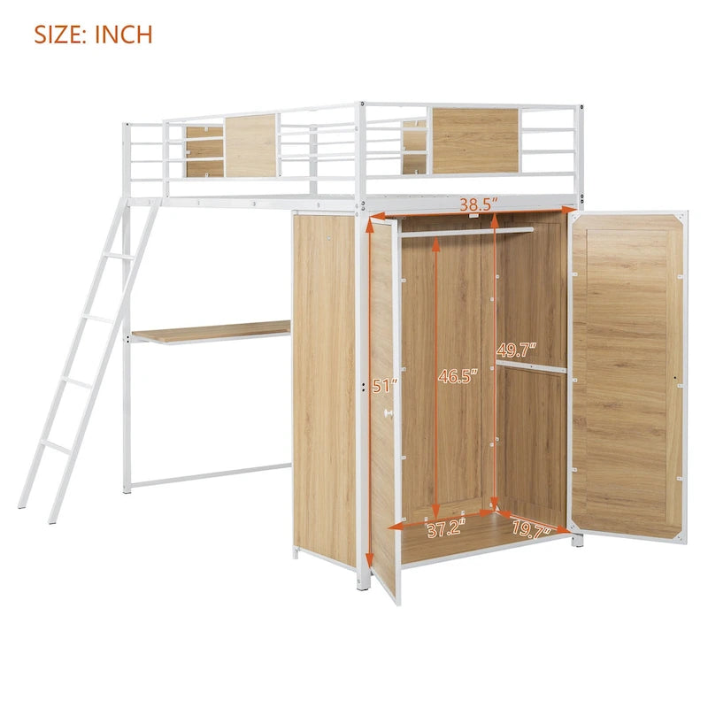 Lit mezzanine blanc en métal et bois avec bureau en L et échelle, taille double