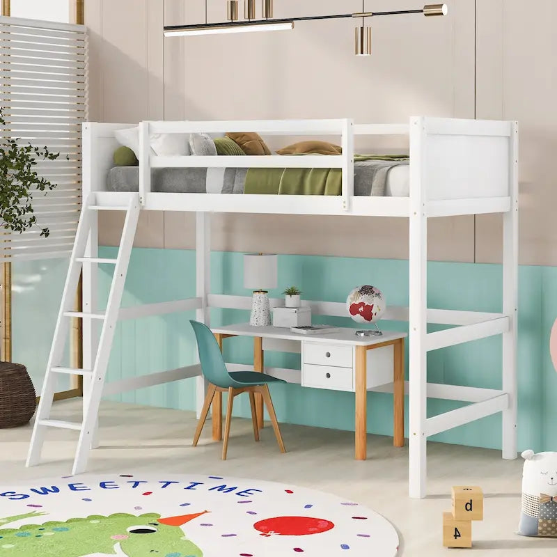 Lit mezzanine double en métal blanc avec bureau intégré et étagères de rangement