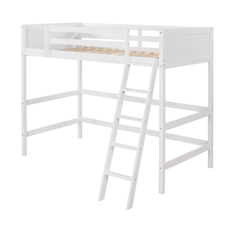 Lit mezzanine double en métal blanc avec bureau intégré et étagères de rangement