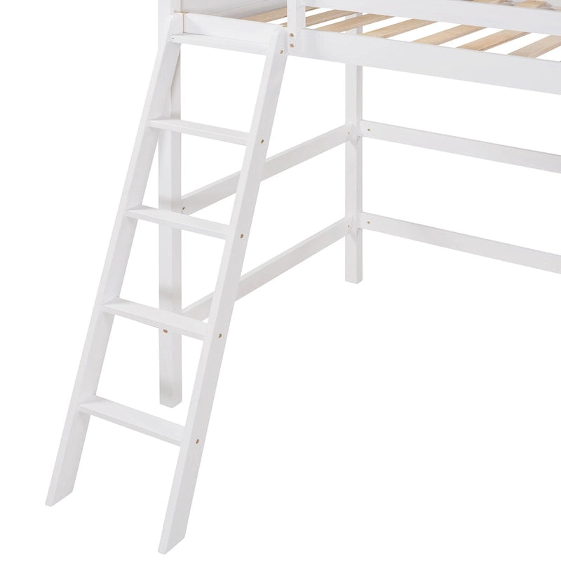 Lit mezzanine double en métal blanc avec bureau intégré et étagères de rangement