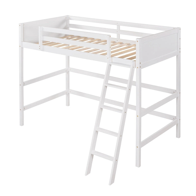 Lit mezzanine double en métal blanc avec bureau intégré et étagères de rangement
