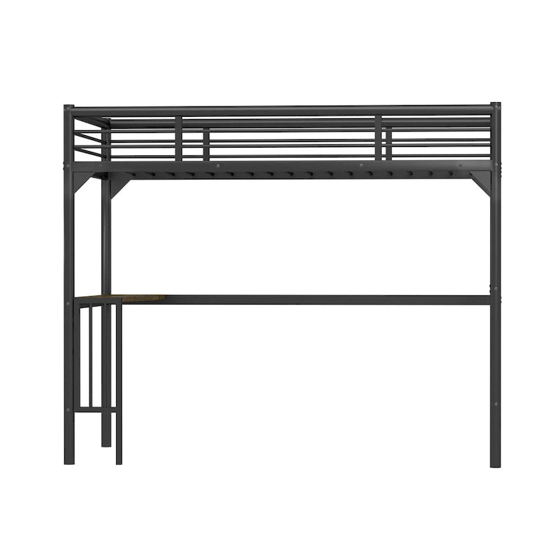Lit mezzanine noir en métal avec bureau et barrières de sécurité