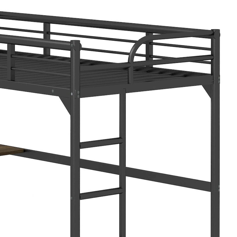 Lit mezzanine noir en métal avec bureau et barrières de sécurité