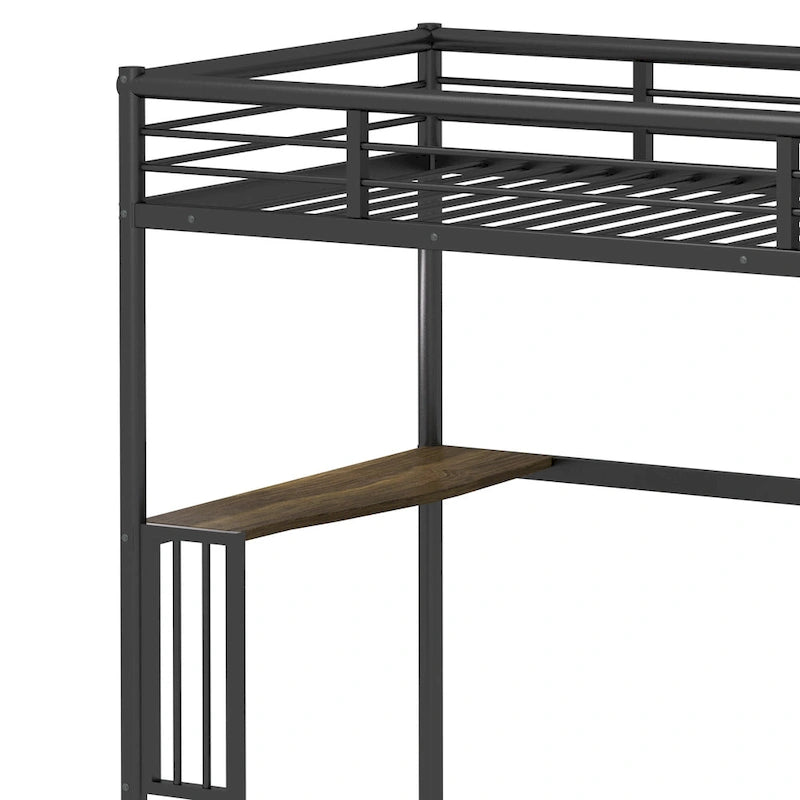 Lit mezzanine noir en métal avec bureau et barrières de sécurité