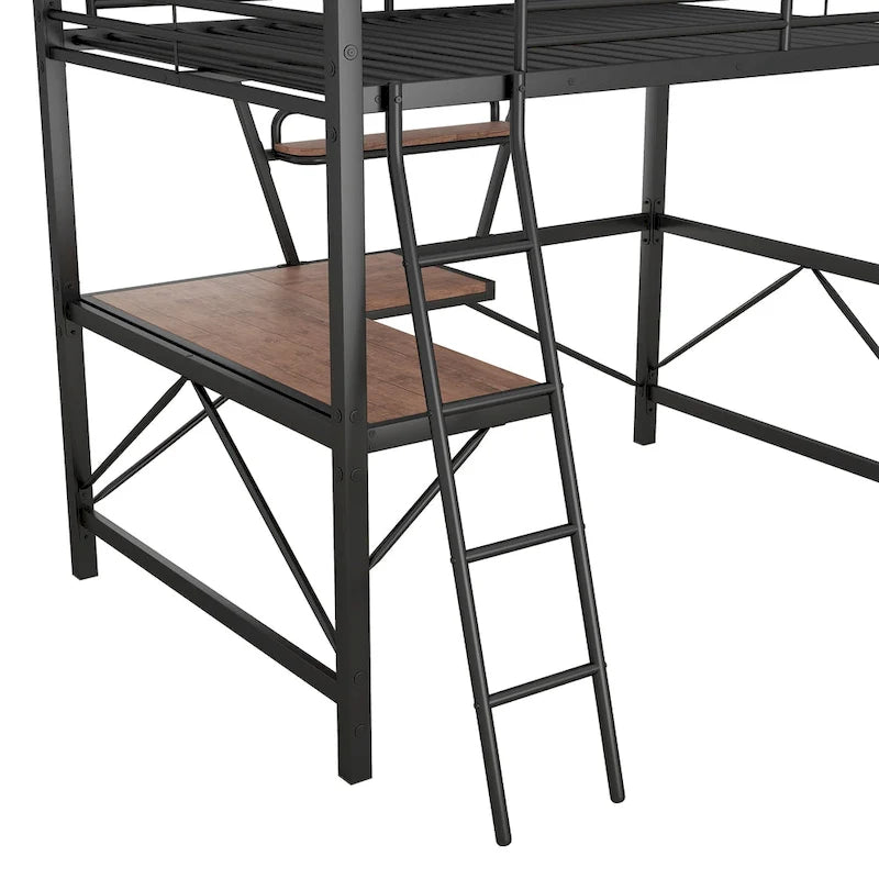 Lit mezzanine en métal avec bureau et garde-corps