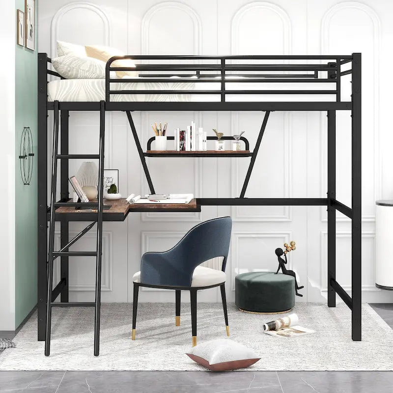 Lit mezzanine en métal avec bureau et garde-corps