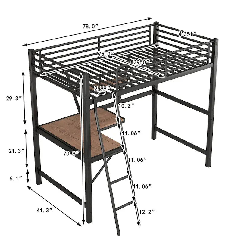 Lit mezzanine en métal avec bureau et garde-corps