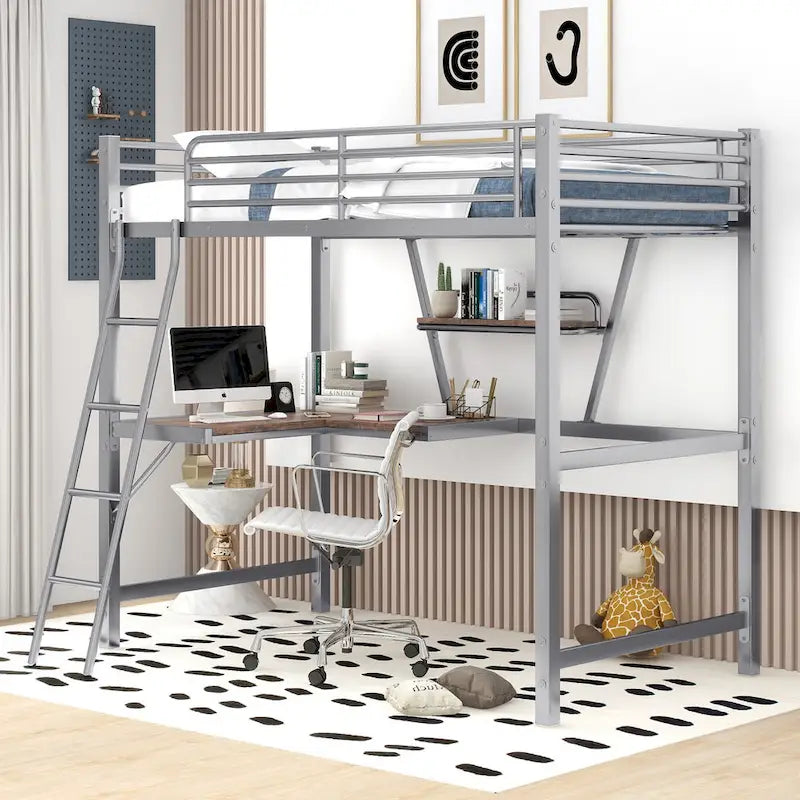 Lit mezzanine en métal avec bureau et garde-corps