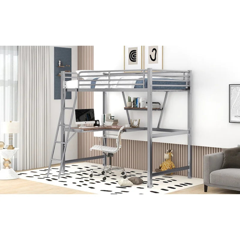 Lit mezzanine en métal avec bureau et garde-corps