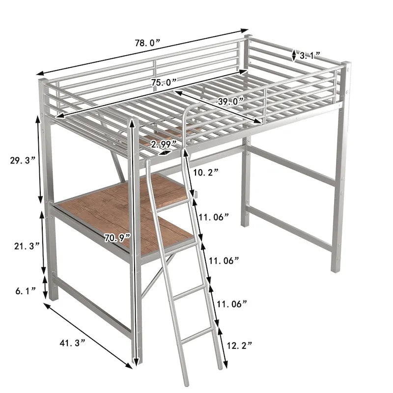Lit mezzanine en métal avec bureau et garde-corps