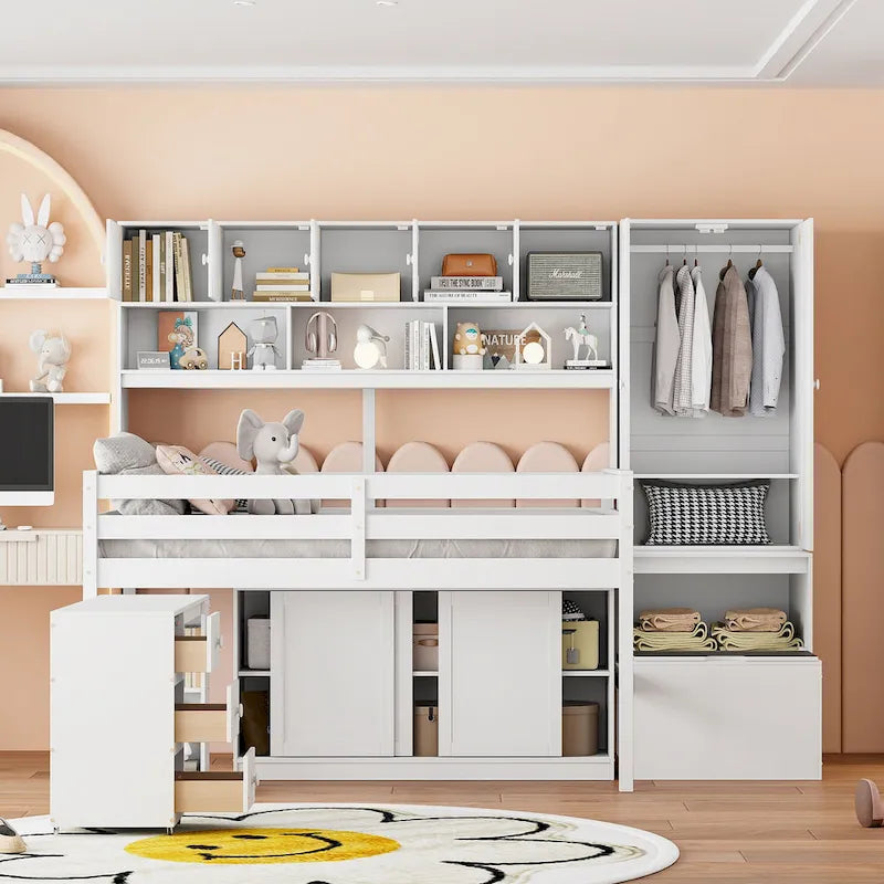 White Full Size Wooden Loft Bed with Integrated Wardrobe & Desk