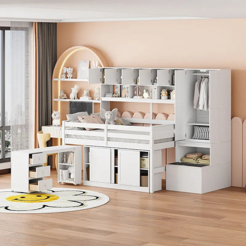 Lit mezzanine en bois blanc pleine taille avec armoire intégrée et bureau