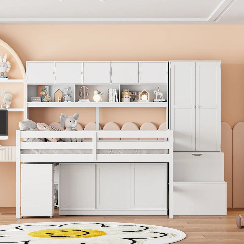 Lit mezzanine en bois blanc pleine taille avec armoire intégrée et bureau
