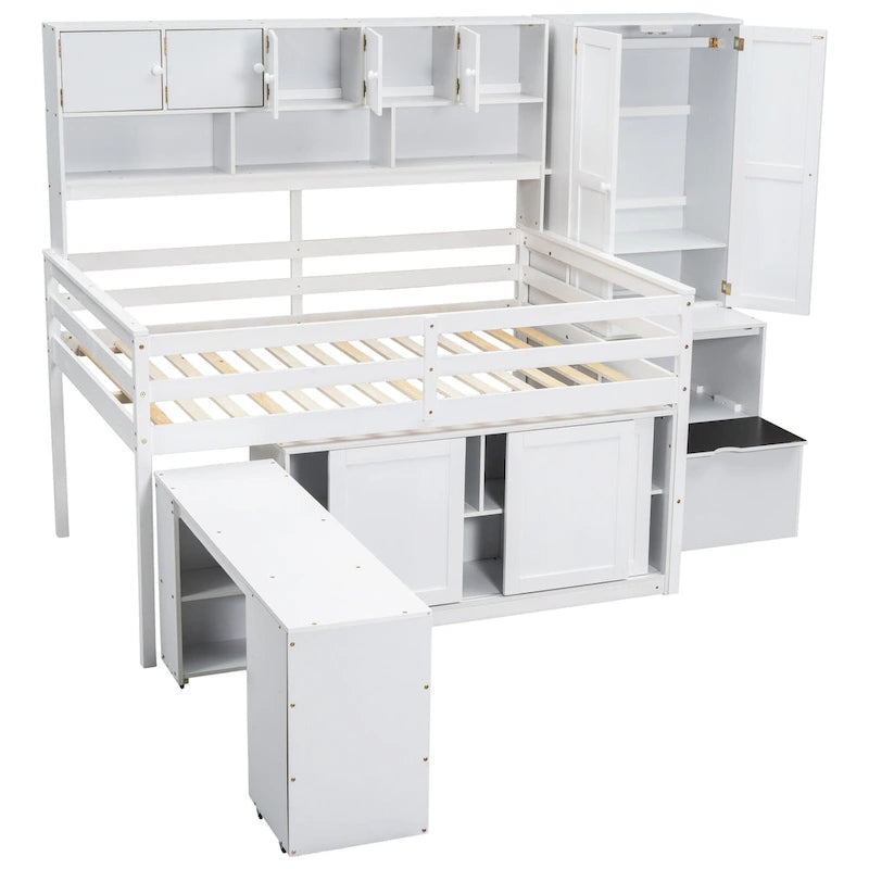 Lit mezzanine en bois blanc pleine taille avec armoire intégrée et bureau