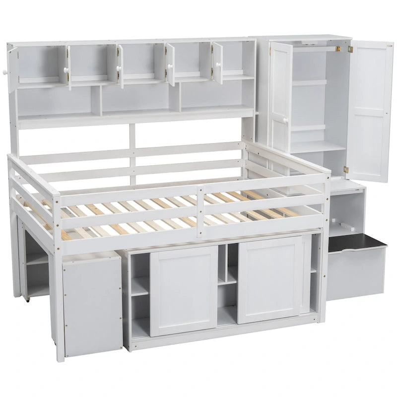 Lit mezzanine en bois blanc pleine taille avec armoire intégrée et bureau