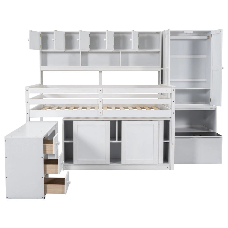 Lit mezzanine en bois blanc pleine taille avec armoire intégrée et bureau