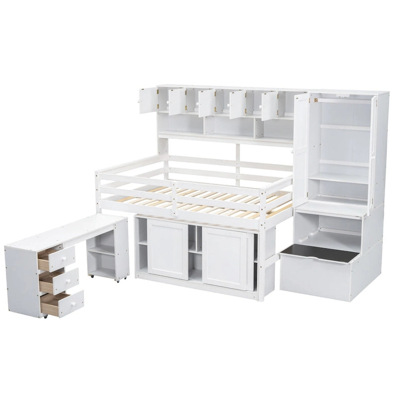 Lit mezzanine en bois blanc pleine taille avec armoire intégrée et bureau