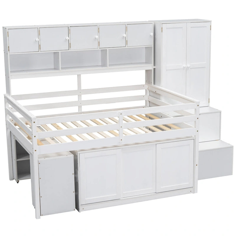 Lit mezzanine en bois blanc pleine taille avec armoire intégrée et bureau