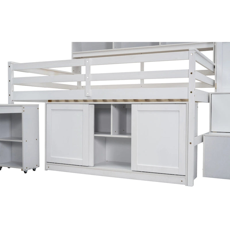 Lit mezzanine en bois blanc pleine taille avec armoire intégrée et bureau