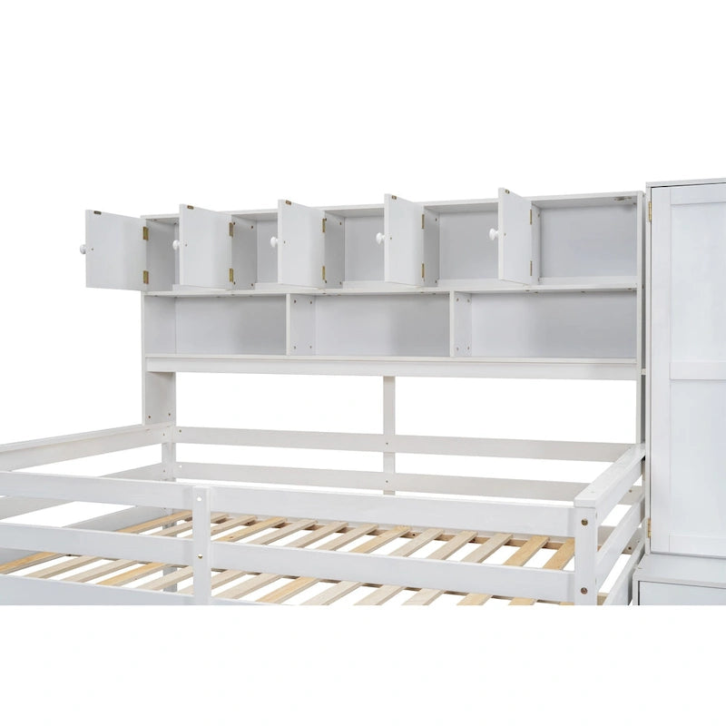 Lit mezzanine en bois blanc pleine taille avec armoire intégrée et bureau